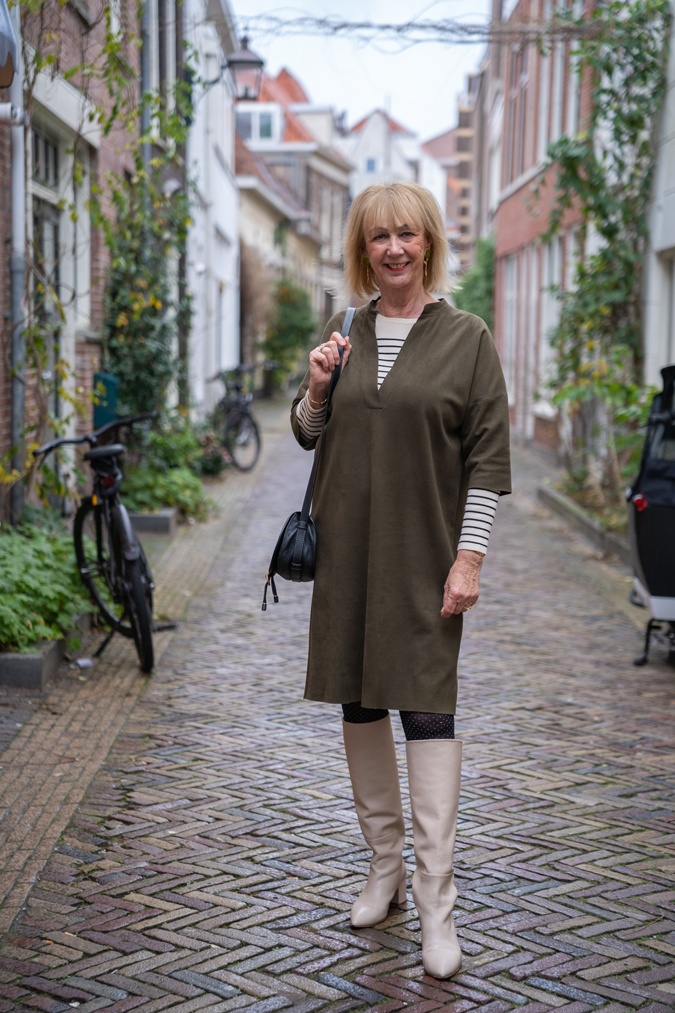 Green dress with cream boots