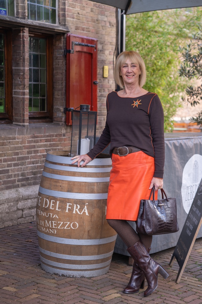 Orange leather skirt with a brown jumper