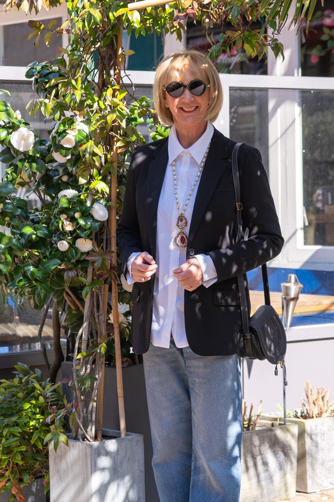 Black blazer with wide leg jeans