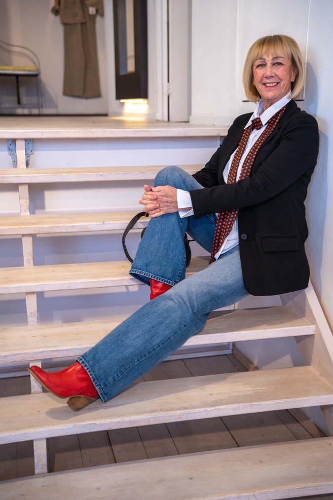 Black blazer with wide leg jeans