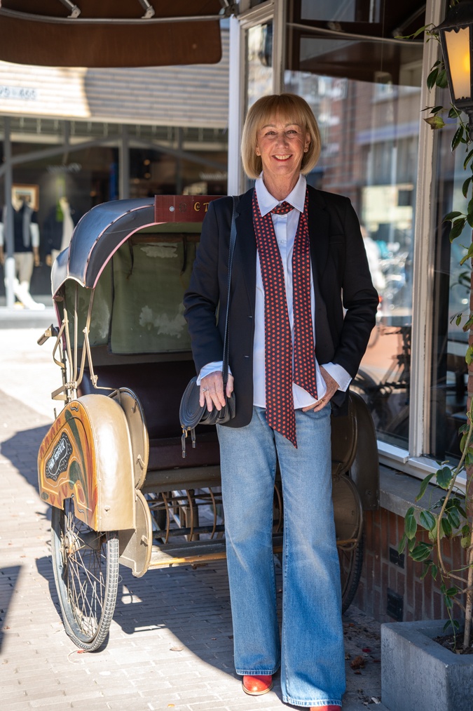 Black blazer with wide leg jeans