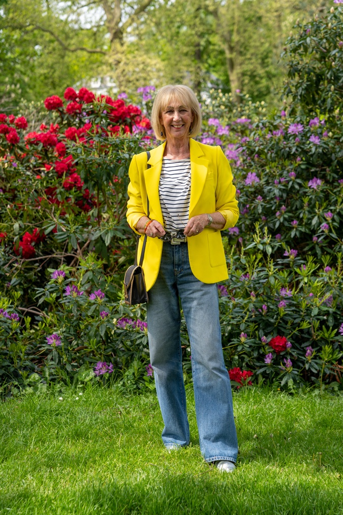 Yellow blazer with wide leg jeans