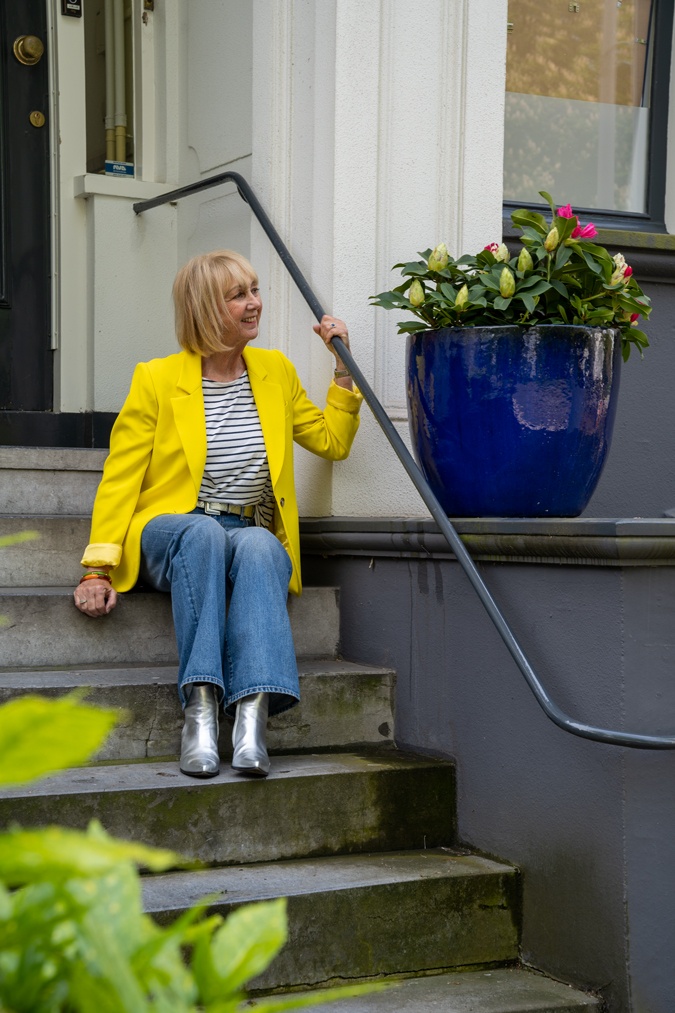 Yellow blazer with wide leg jeans