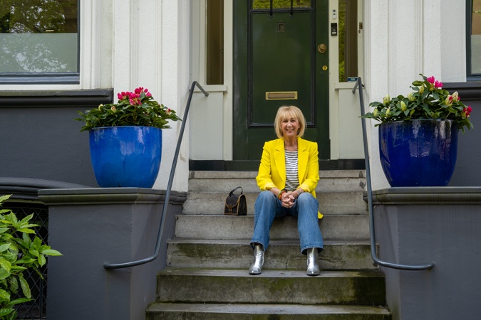 Yellow blazer with wide leg jeans