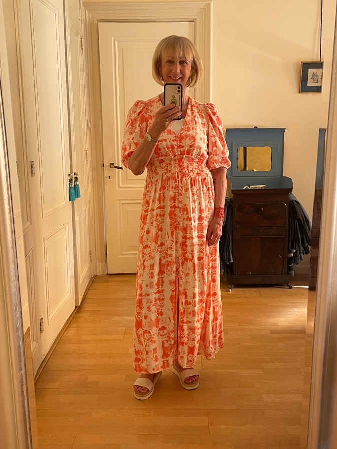 Long orange and cream dress