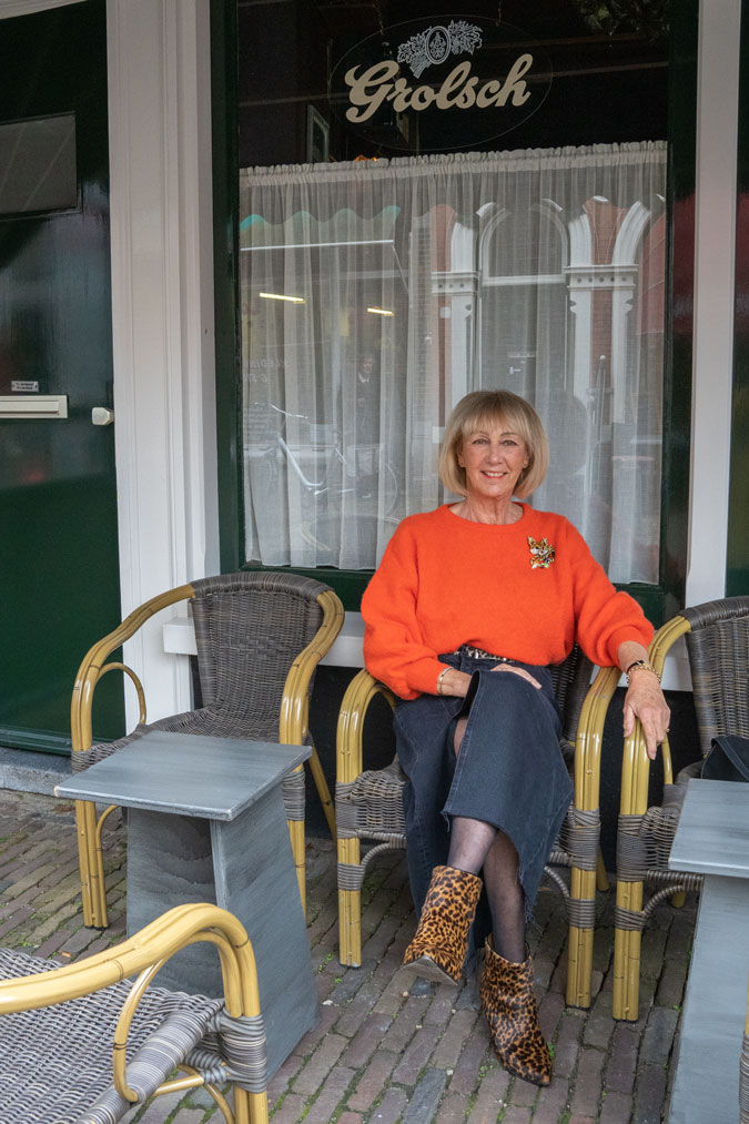 Long denim skirt with a fluffy orange jumper