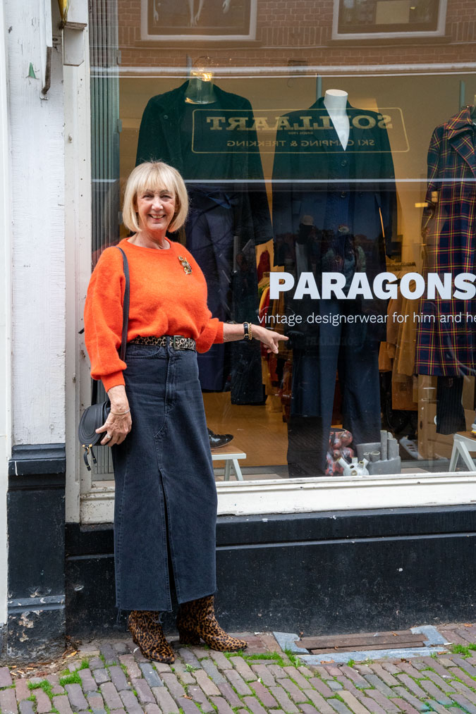 Long denim skirt with a fluffy orange jumper