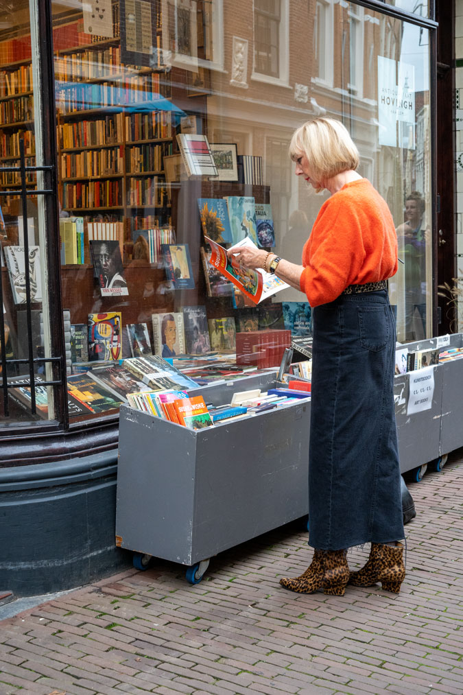 Long denim skirt with a fluffy orange jumper