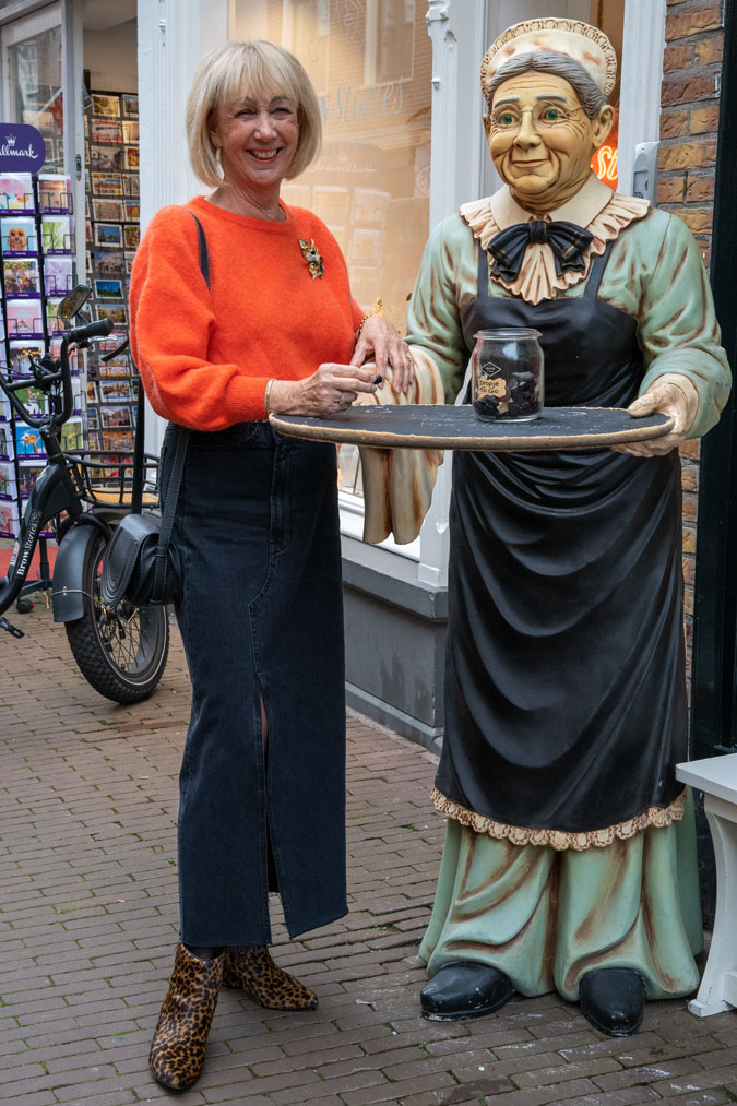 Long denim skirt with a fluffy orange jumper