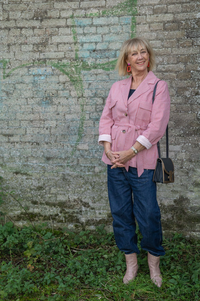 Red and white striped jacket with the baggy jeans