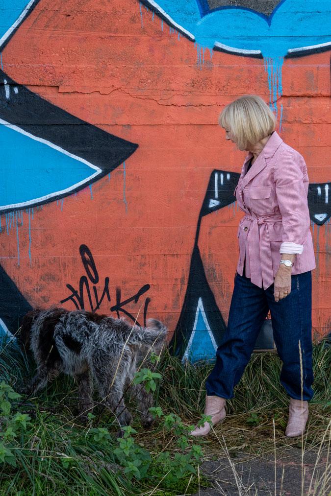 Red and white striped jacket with the baggy jeans