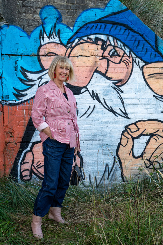 Red and white striped jacket with the baggy jeans