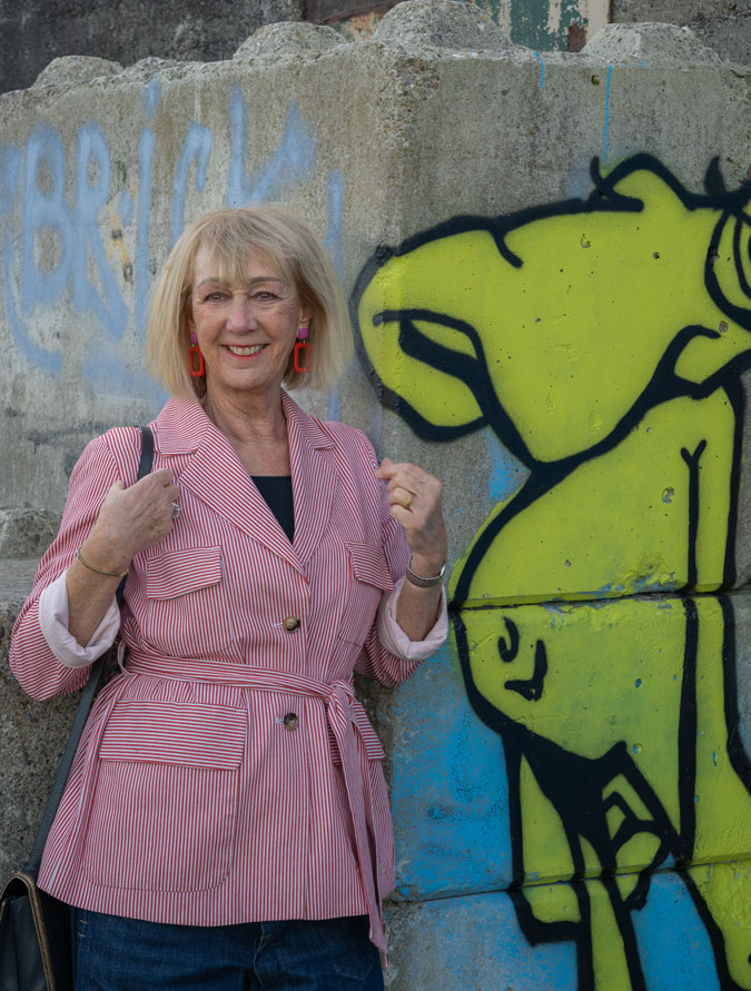 Red and white striped jacket with the baggy jeans