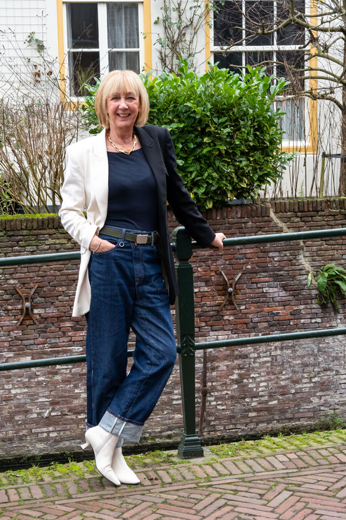 Black and white blazer with baggy jeans