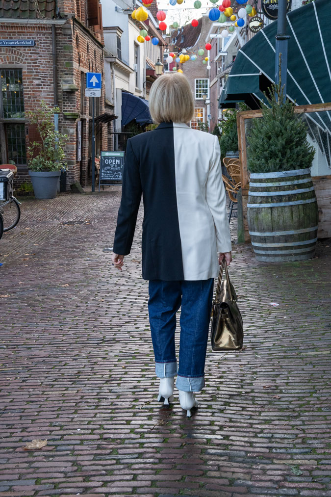 Black and white blazer with baggy jeans