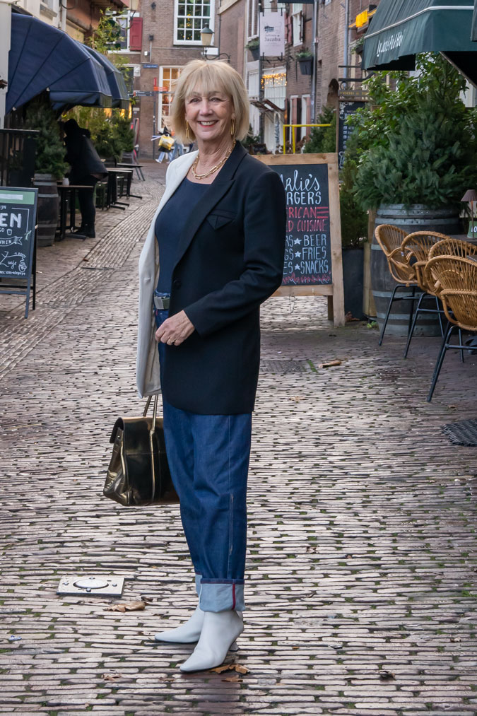 Black and white blazer with baggy jeans