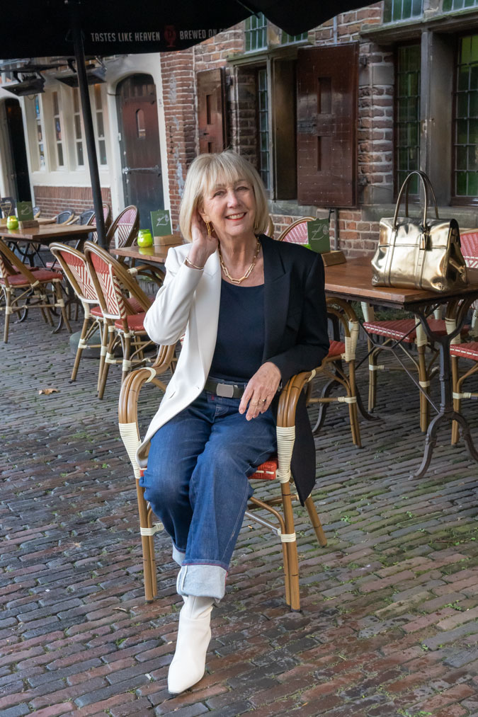 Black and white blazer with baggy jeans