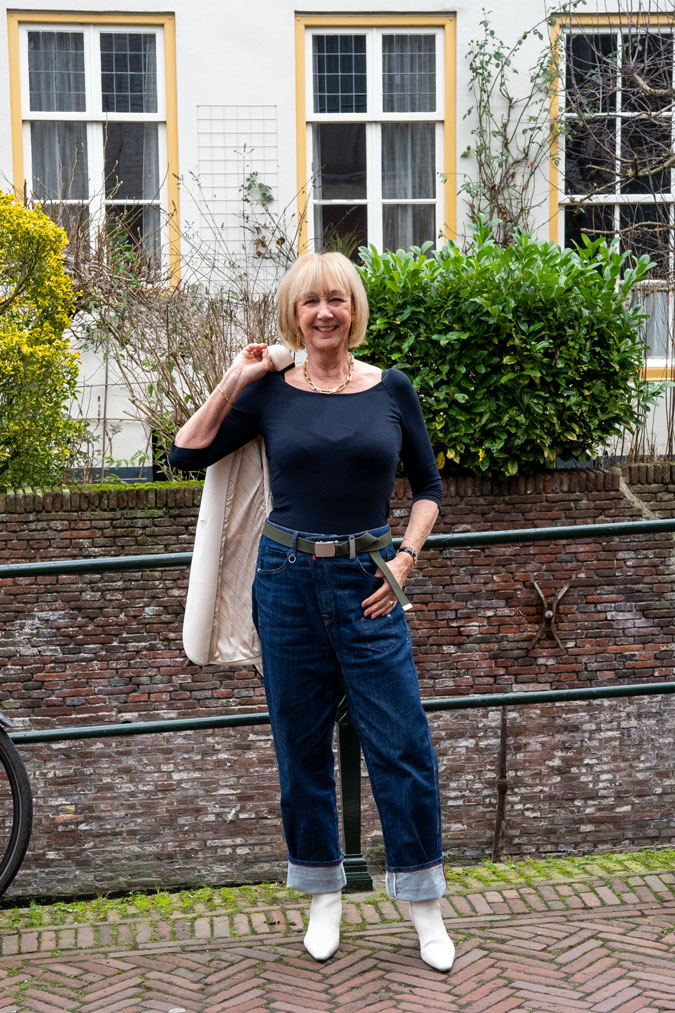 Black and white blazer with baggy jeans