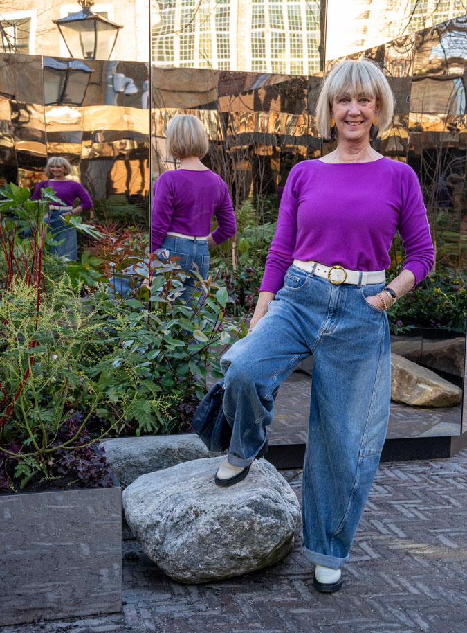 Purple jumper with barrel jeans