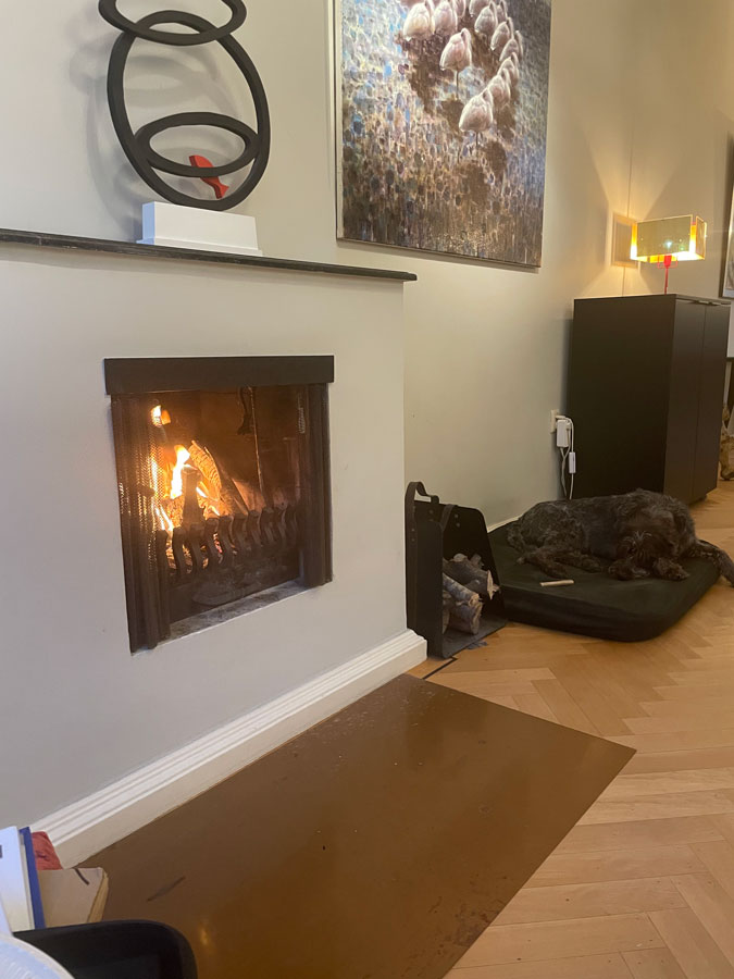 Fireplace wood burning on a Sunday