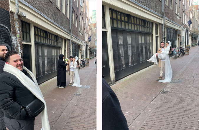 Bride and groom in the centre of Amsterdam