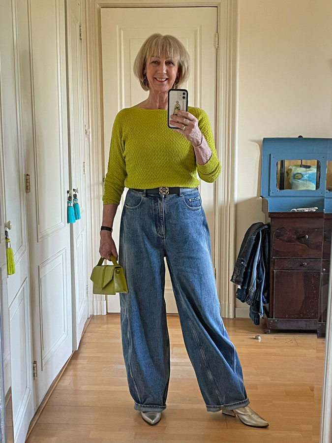 Chartreuse jumper with wide leg trousers