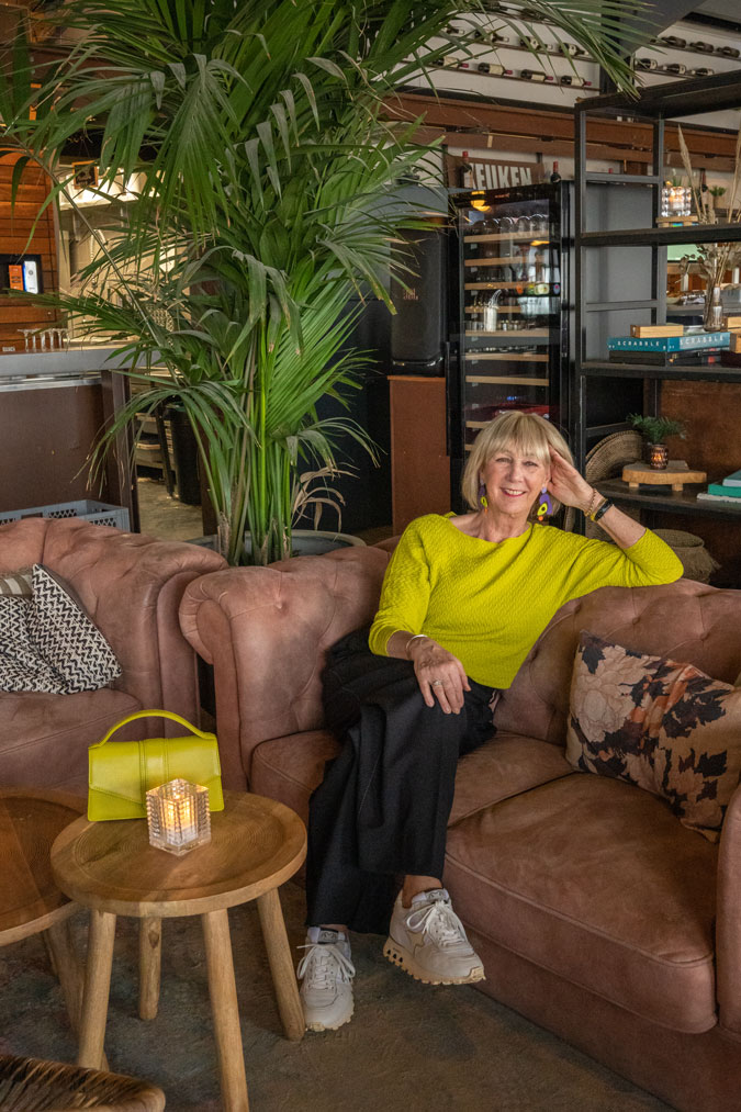 Chartreuse jumper with wide leg trousers