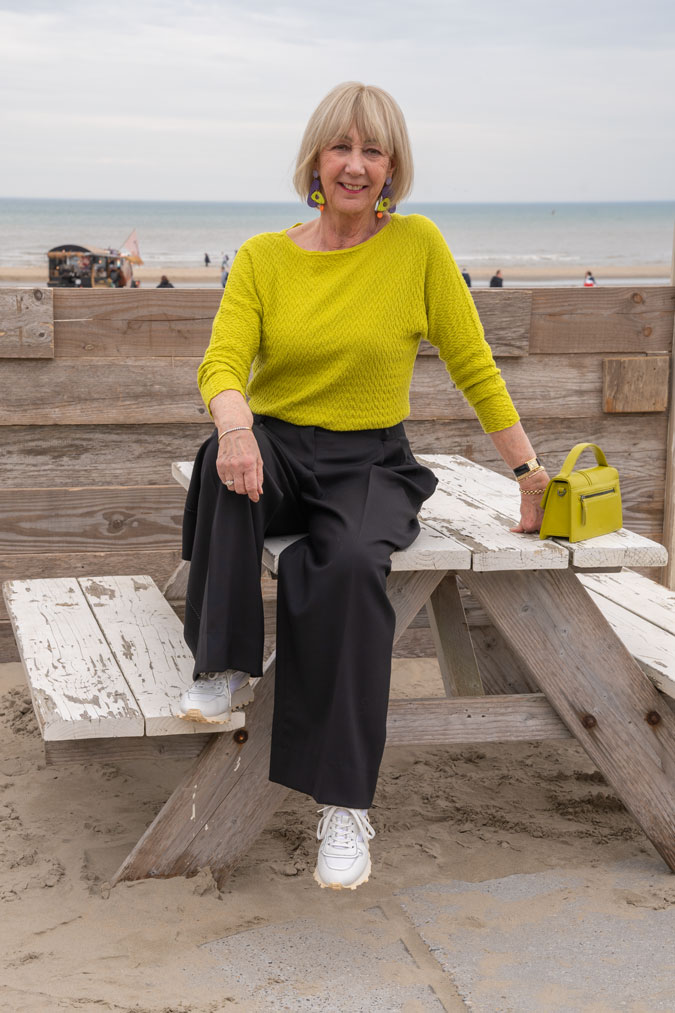 Chartreuse jumper with wide leg trousers