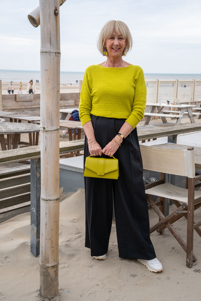 Chartreuse jumper with wide leg trousers