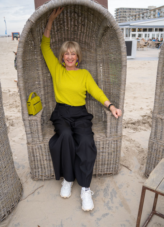 Chartreuse jumper with wide leg trousers