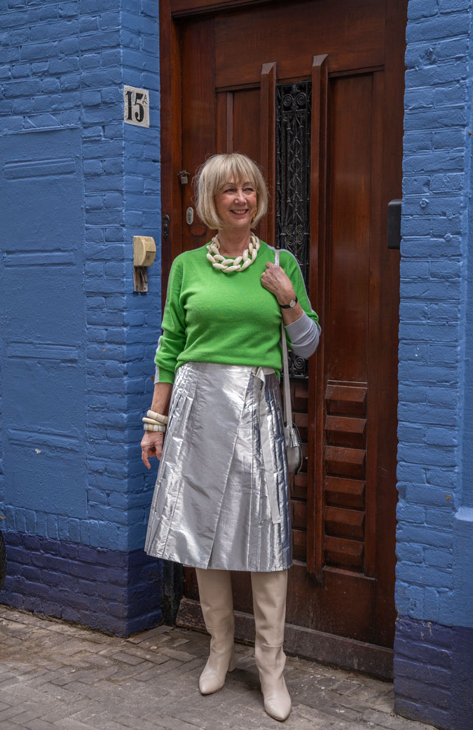 Silver skirt with a green jumper