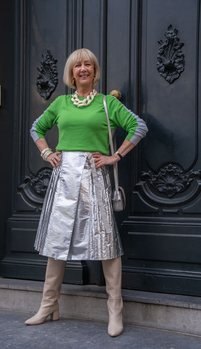 Silver skirt with a green jumper