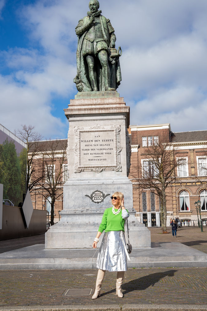 Silver skirt with a green jumper
