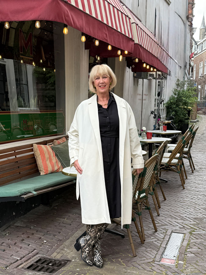 Black linen dress with off-white trenchcoat