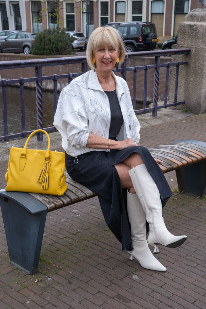 long pencil skirt with a white bomber jacket