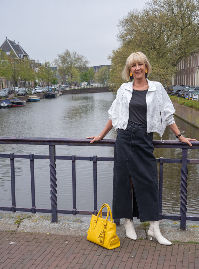 Long pencil skirt with a white bomber jacket