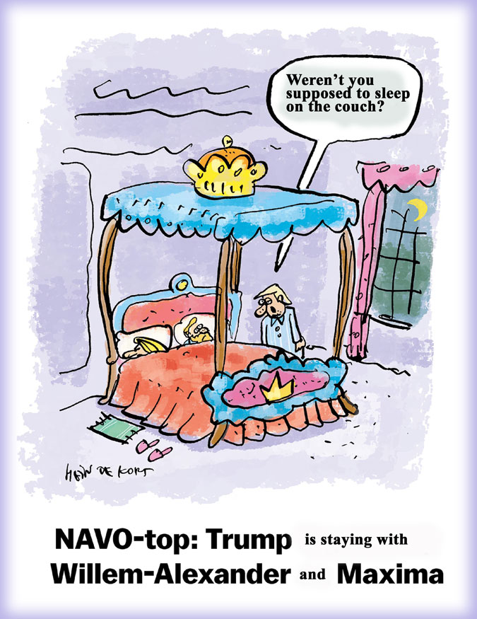 Cartoon Trump at the bed of King Willem-Alexander and Queen Maxima
