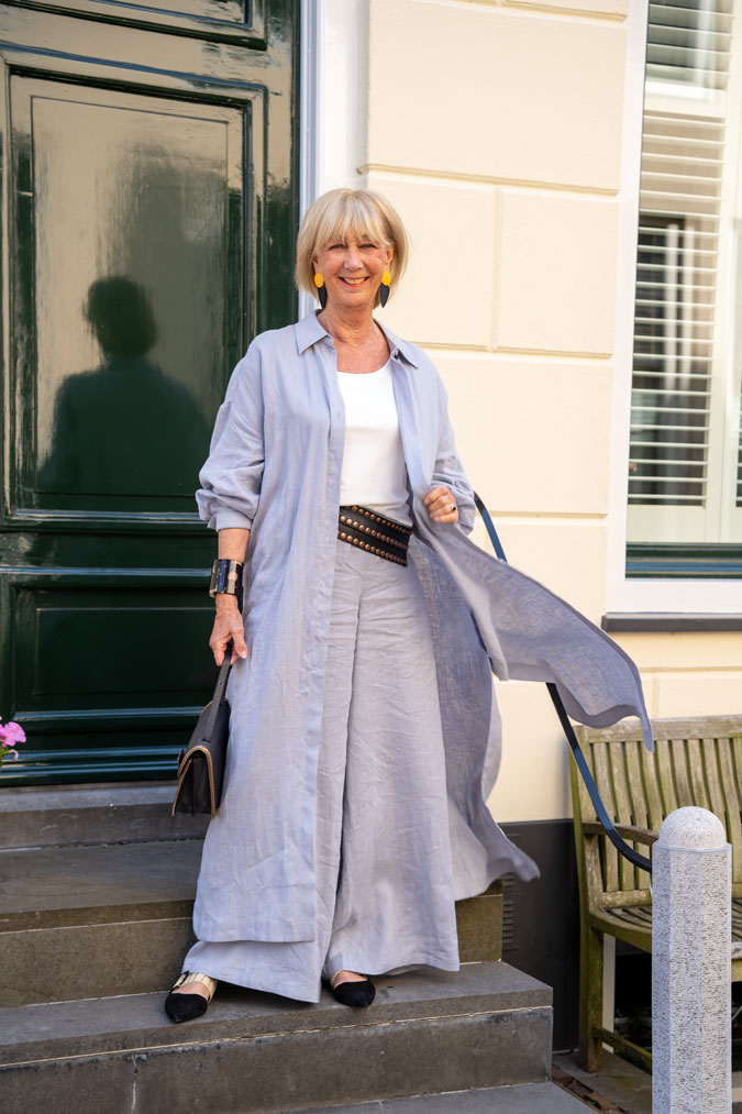 Ice blue linen trousers with a long jacket