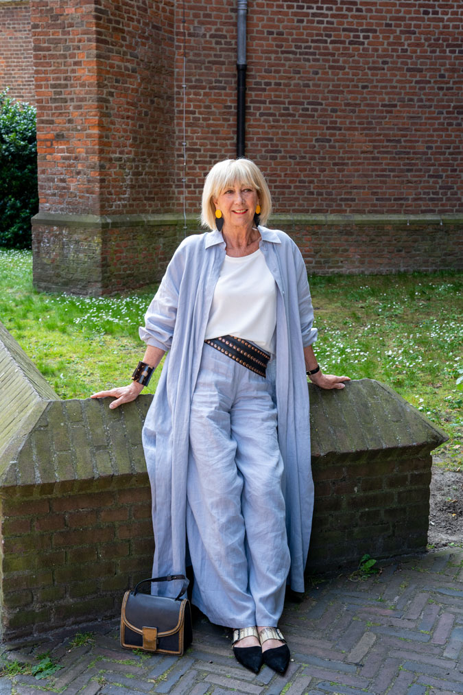 Ice blue linen trousers with a long jacket