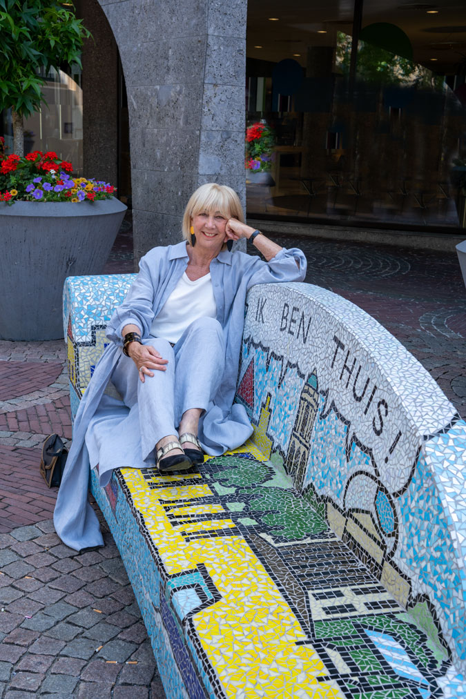 Ice blue linen trousers with a long jacket