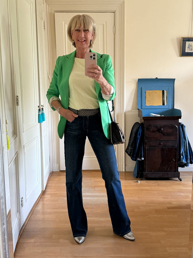 Kermit green blazer with flared jeans