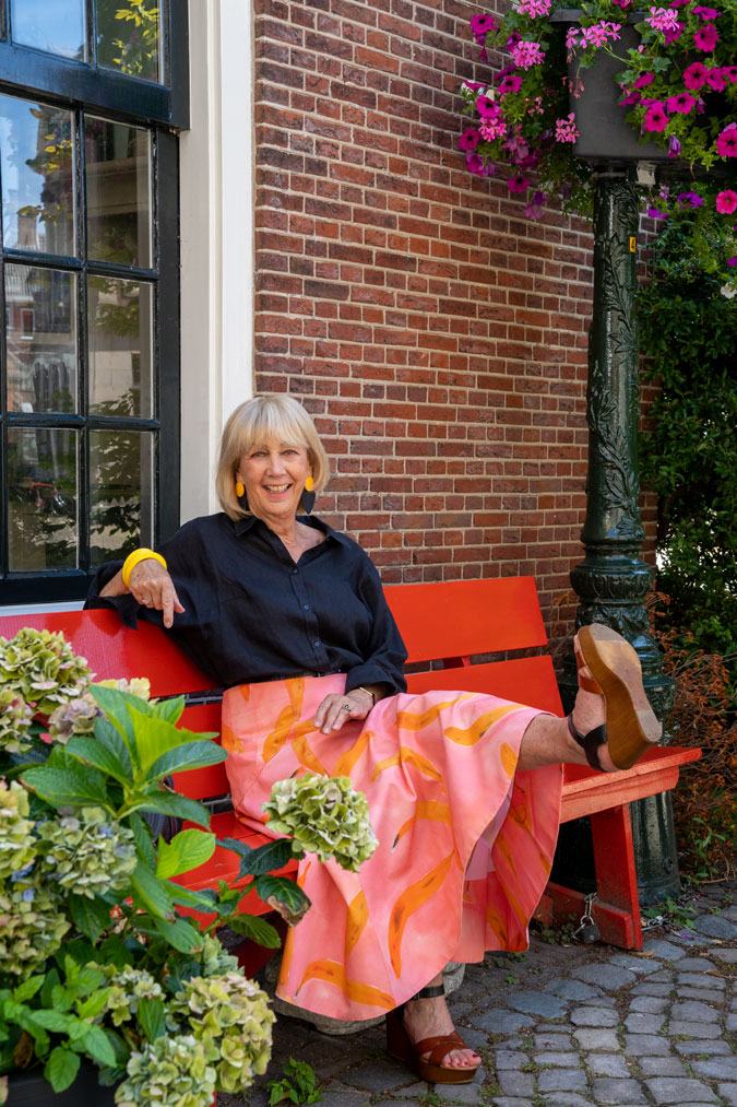 Pink patterned skirt with a black shirt