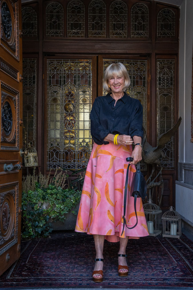 Pink patterned skirt with a black shirt