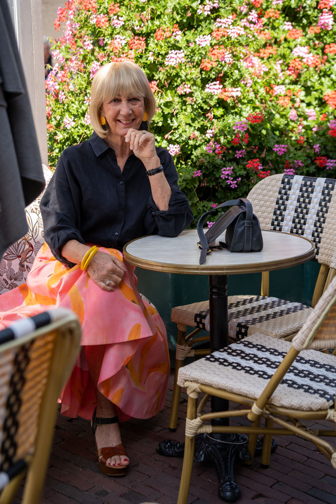 Pink patterned skirt with a black shirt
