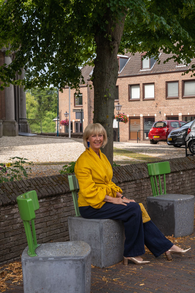 Golden yellow blouse with blue linen trousers