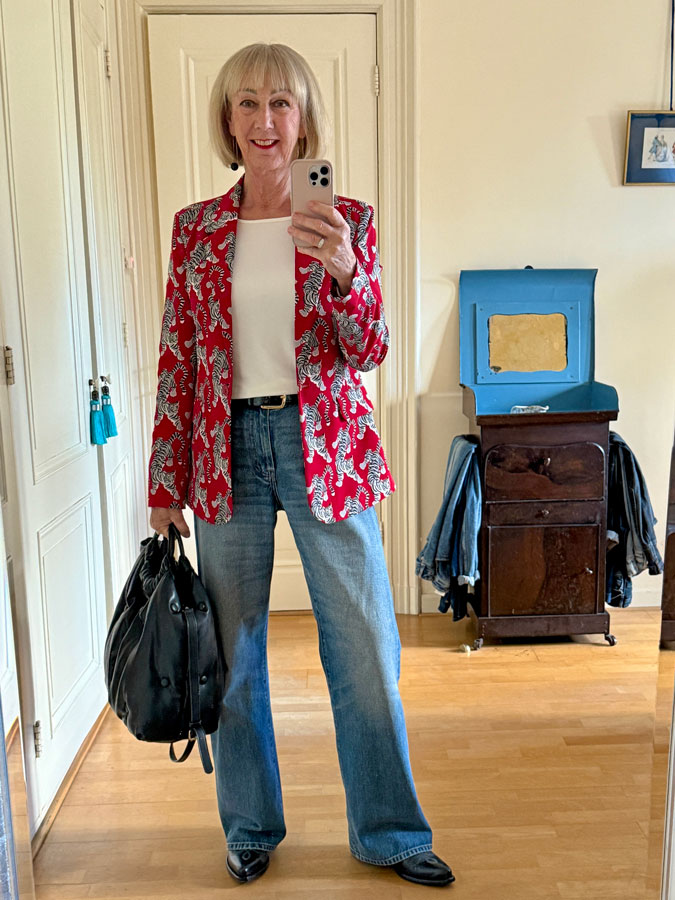 Red blazer with tigers with wide jeans