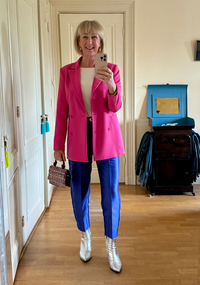Pink blazer with blue/purple trousers