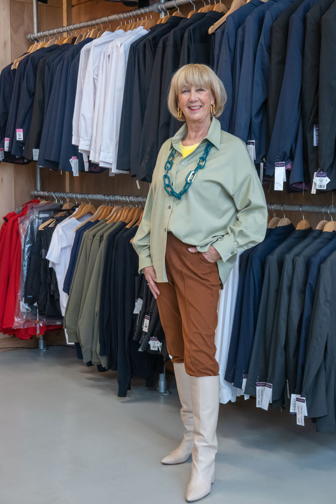 Mint green shirt with brown trousers