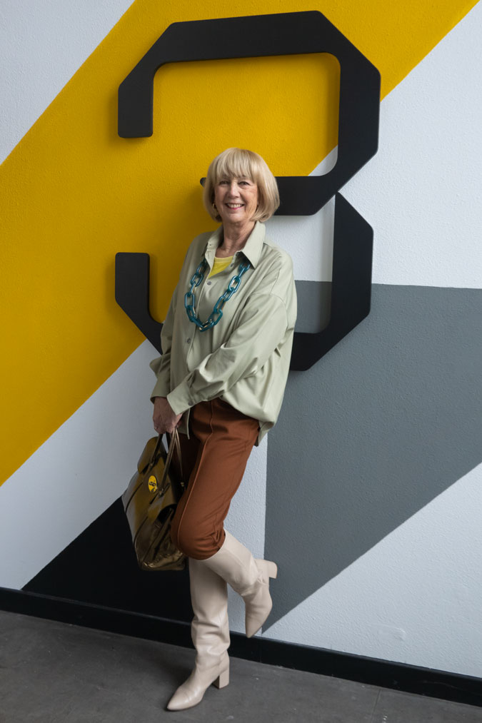 Mint green shirt with brown trousers